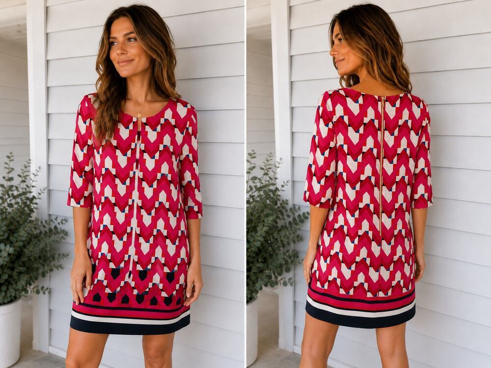 Eliza J Pink Geometric Shift Dress Size 14 3/4 Sleeve Back Zip - Picture 1 of 4
